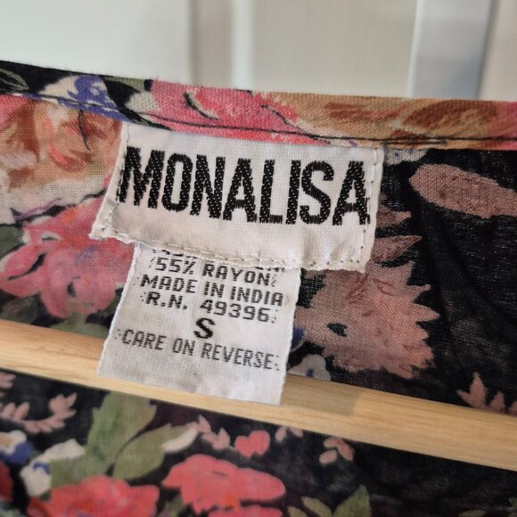 Monalisa | Vintage 80s-90s Ruffled Floral Shirt w/ Tie & Shawl Collar | S - Picture 4 of 10